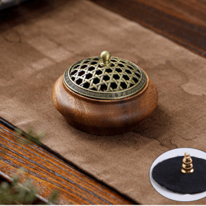 Walnut Zen incense burner, named Ruyi, means everything goes well. Comes with fireproof cotton and incense holder. Can be used with both stick and coil incense.