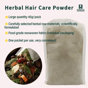 Herbal hair care powder contains 12 natural herbal ingredients: folium mori, Chinese arborvitae leaf, mulberry bark, kuding tea, Polygonum multiflorum, dried ginger, soapberry,chinese honey locust, tea bran, eclipta prostrata, duckweed, and Speranskia tuberculata.