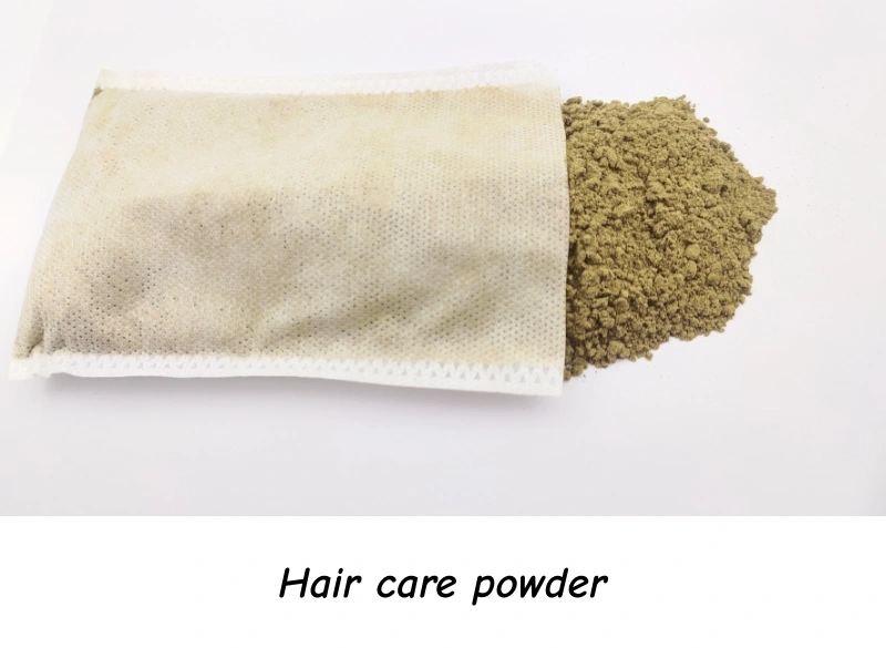 Herbal hair care powder contains 12 natural herbal ingredients: folium mori, Chinese arborvitae leaf, mulberry bark, kuding tea, Polygonum multiflorum, dried ginger, soapberry,chinese honey locust, tea bran, eclipta prostrata, duckweed, and Speranskia tuberculata.